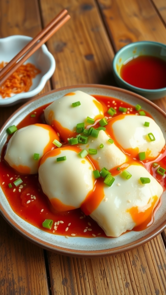Cheesy Korean Tteokbokki (Yopokki) Recipe Cheesy Tteokbokki with rice cakes in spicy sauce, topped with melted cheese and garnished with green onions and sesame seeds.
